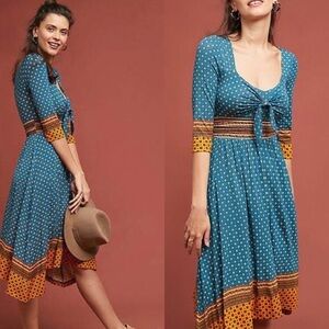 Anthropologie Blue Tie Front Midi Sundress